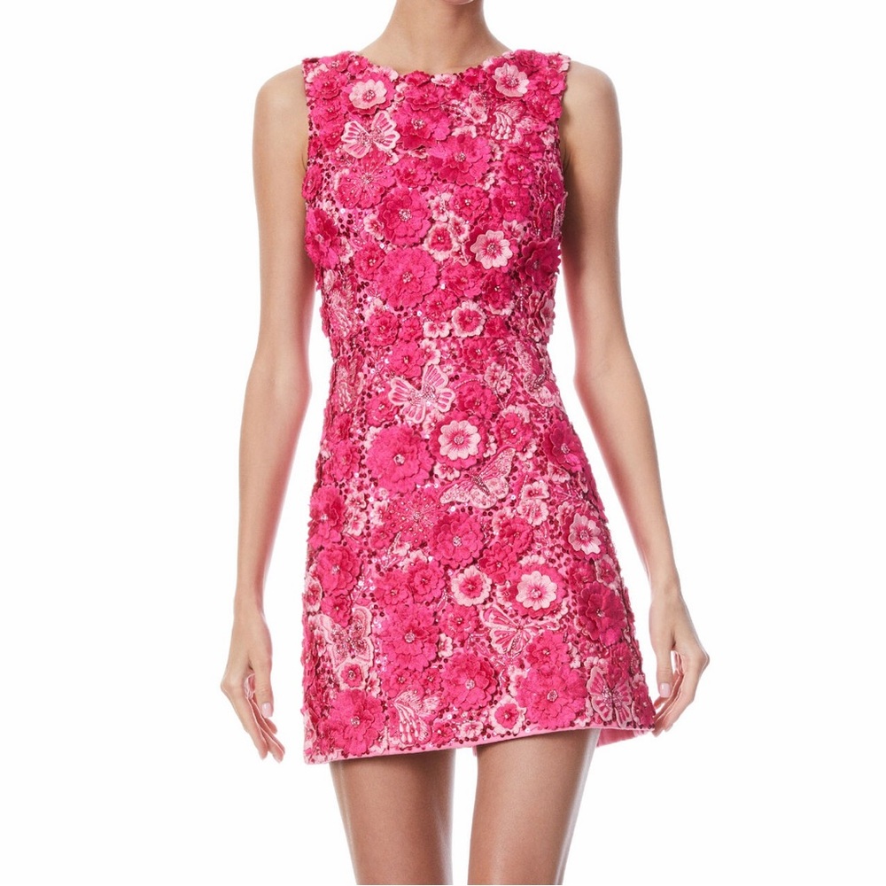 Alice + Olivia Lindsey Embroidered Embellished Mini Dress Gown Hot Pink Candy 2